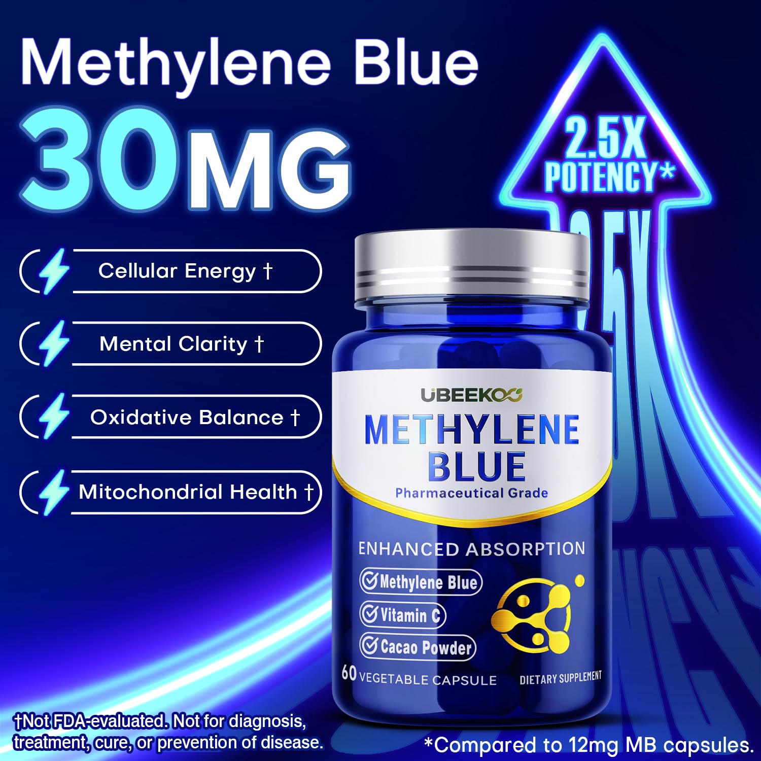 UBEEKOO Methylene Blue capsules closeup showing pure ingredients with vitamin C and cacao.