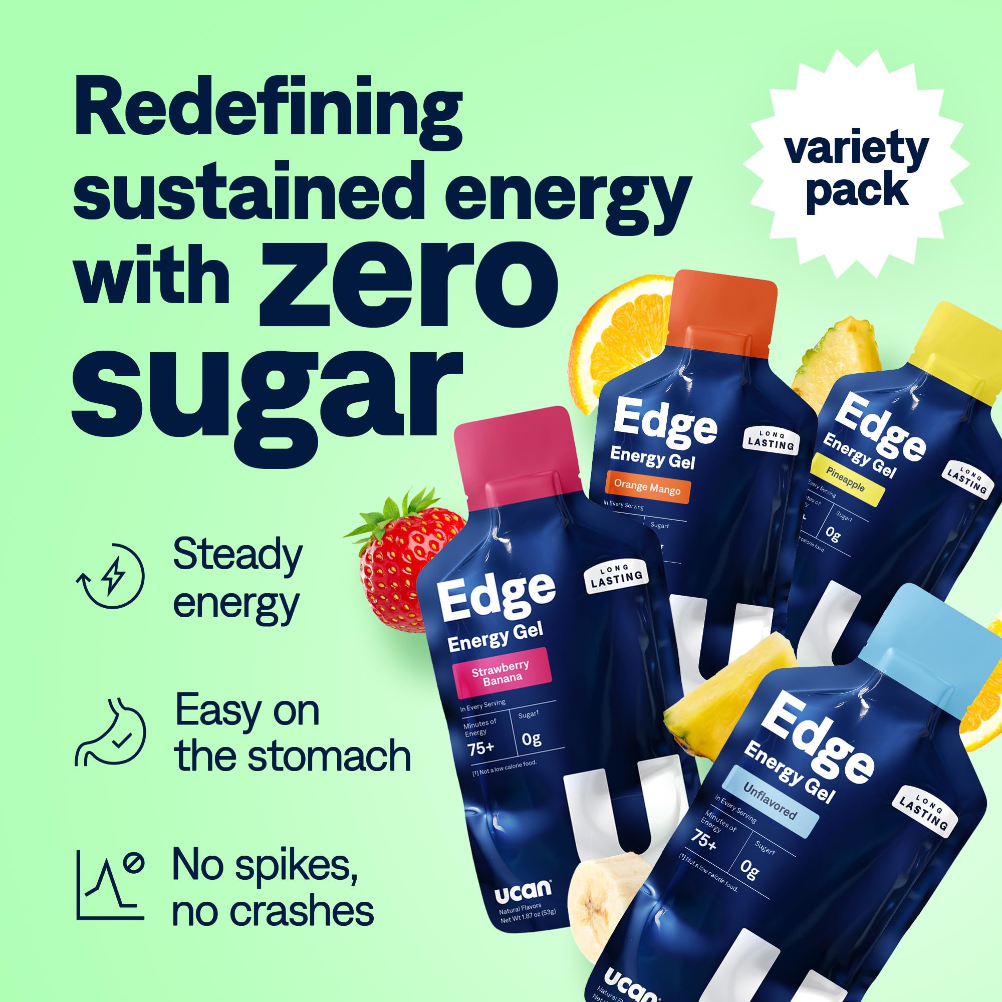 Closeup of a UCAN Edge 2 ounce gel packet for workouts