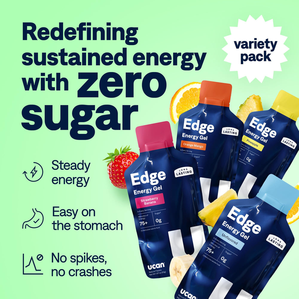 Closeup of a UCAN Edge 2 ounce gel packet for workouts