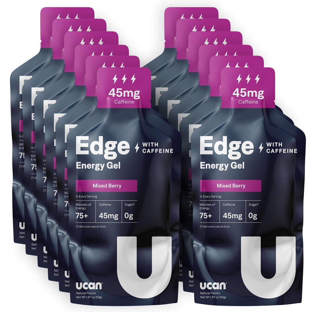 UCAN Edge energy gel shot, mixed berry, convenient packet for steady energy during workouts.