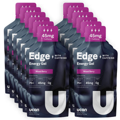 UCAN Edge energy gel shot, mixed berry, convenient packet for steady energy during workouts.
