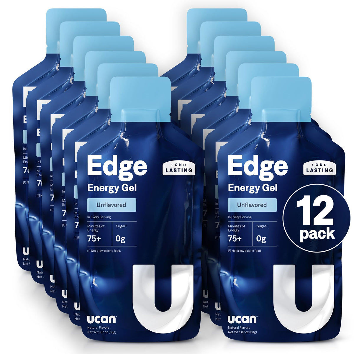 UCAN Edge energy gel shot unflavored packaging showing a clean, sugar-free fueling option