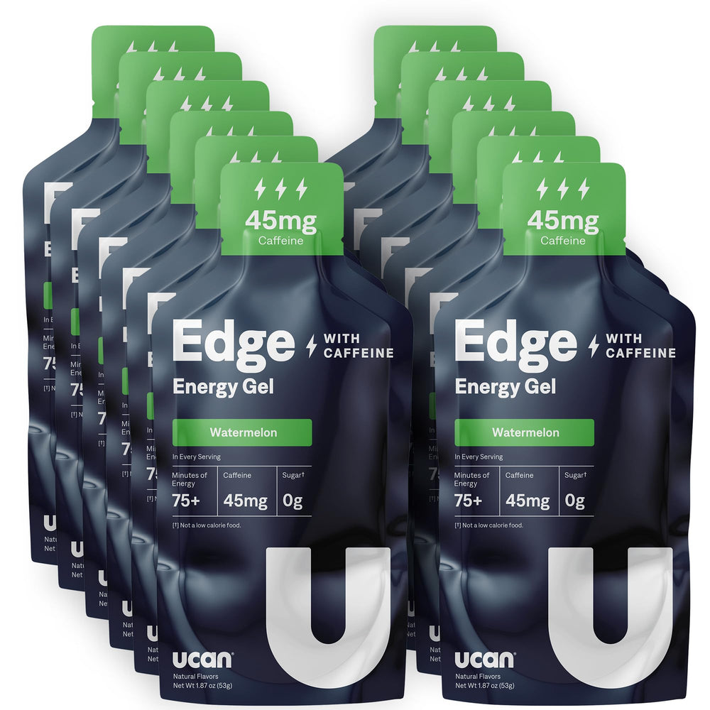 UCAN Edge watermelon gel packaging highlights a sugar-free, keto-friendly energy option for steady workouts.