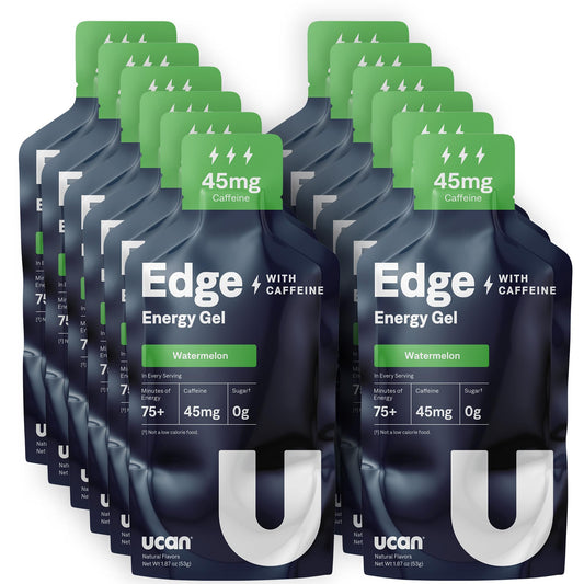 UCAN Edge watermelon gel packaging highlights a sugar-free, keto-friendly energy option for steady workouts.