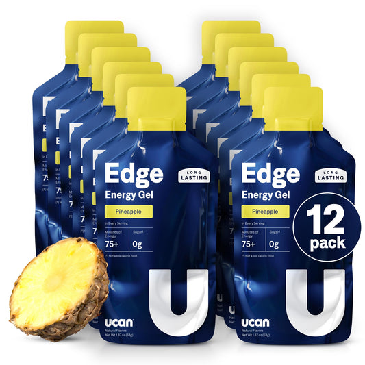 UCAN Edge pineapple energy gel shot packaging for travel and workouts