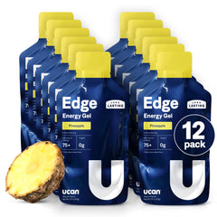 UCAN Edge pineapple energy gel shot packaging for travel and workouts