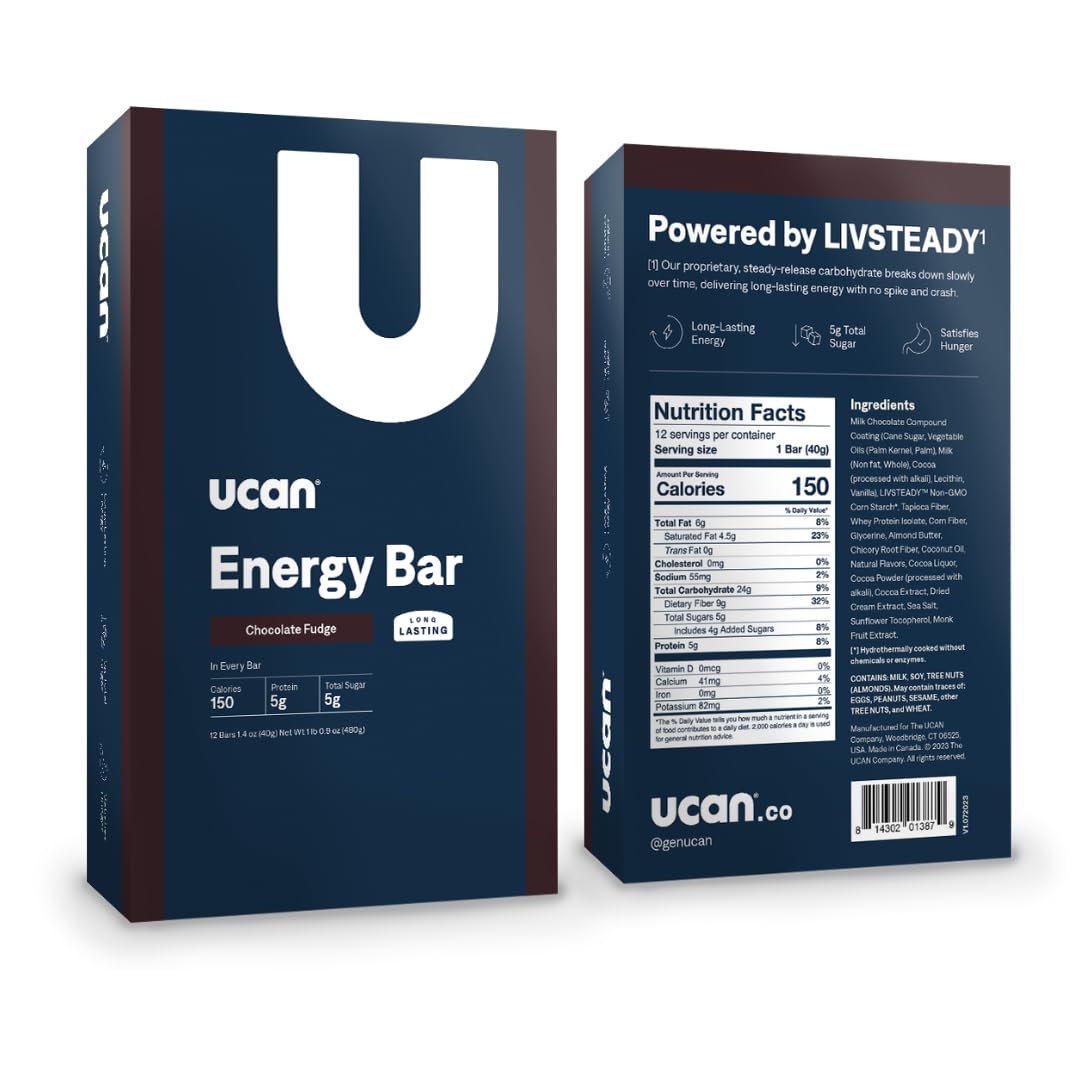 UCAN Energy Bar Chocolate Fudge ingredient-list highlights clean, low sugar ingredients for mindful snacking.