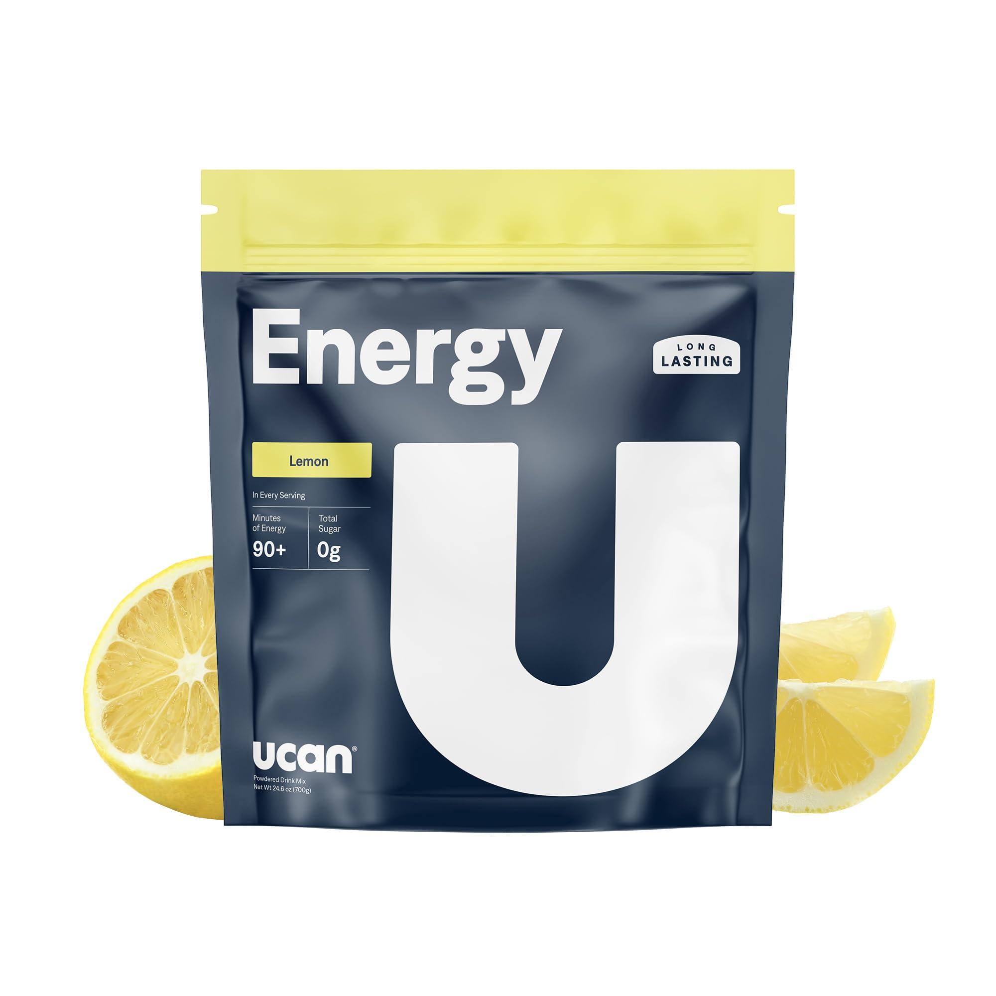 UCAN Energy Lemon tub front showcases clean, long-lasting energy for workouts.