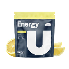 UCAN Energy Lemon tub front showcases clean, long-lasting energy for workouts.