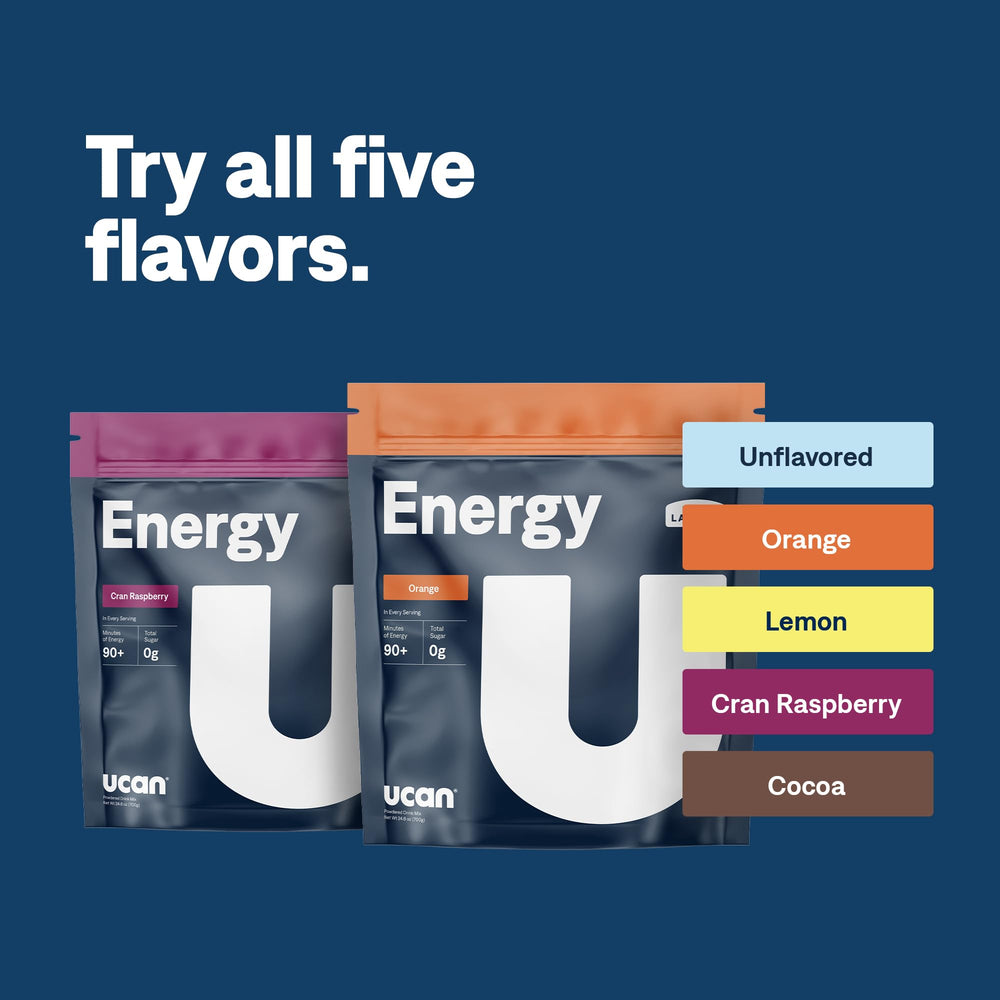 UCAN Energy Powder chocolate flavor in glass highlighting smooth mix