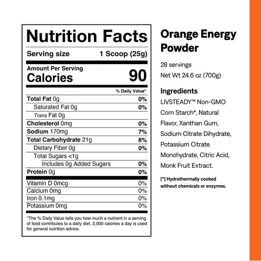 UCAN Energy Powder Tropical Orange serving scoop highlighting keto-friendly ingredients.