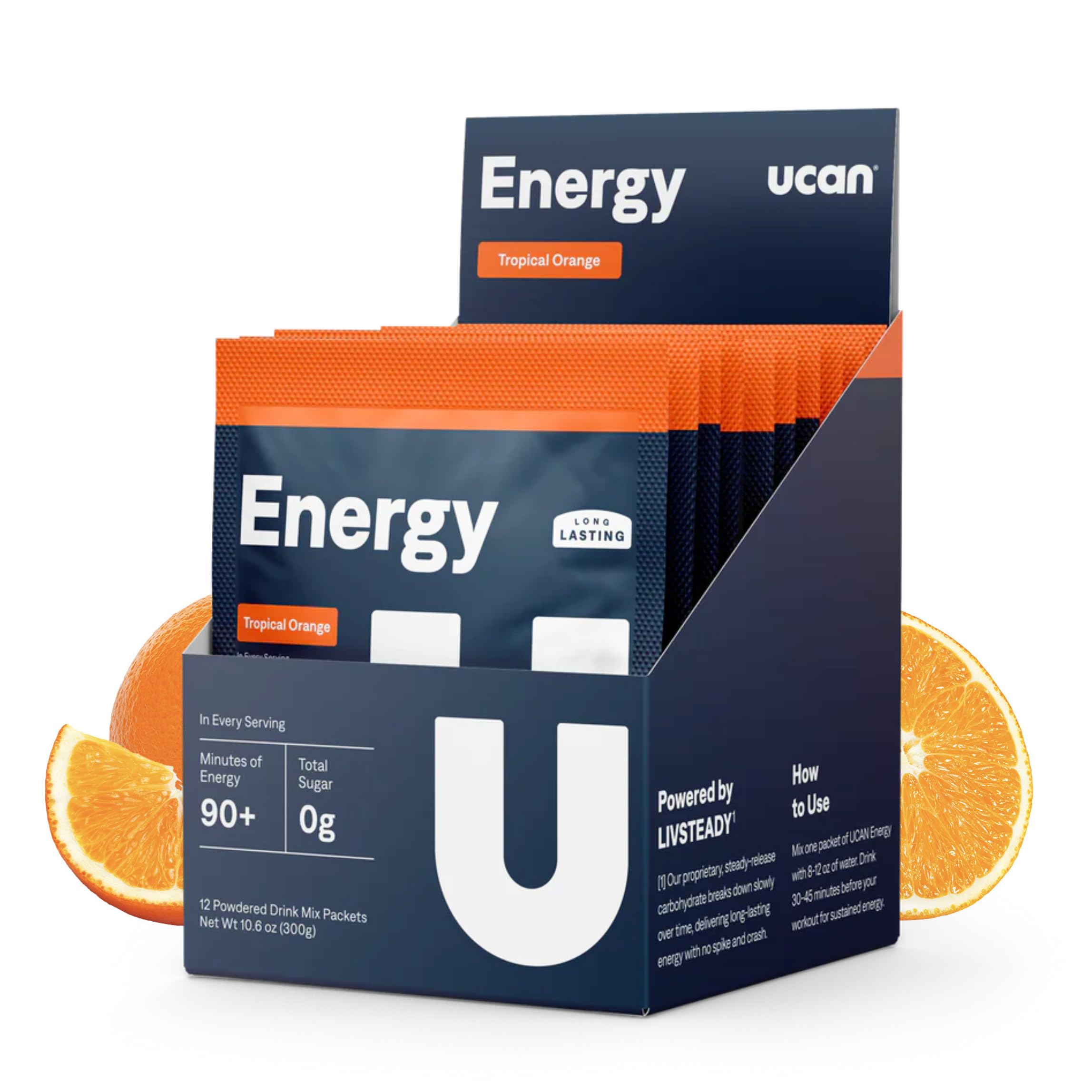 UCAN Energy Powder Tropical Orange tub with scoop for sustained workout energy