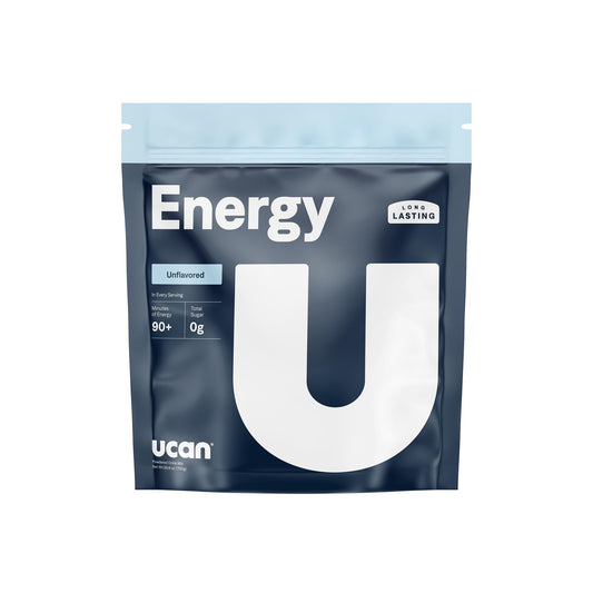 UCAN Energy Powder bottle with unflavored formula promotes steady energy for workouts.