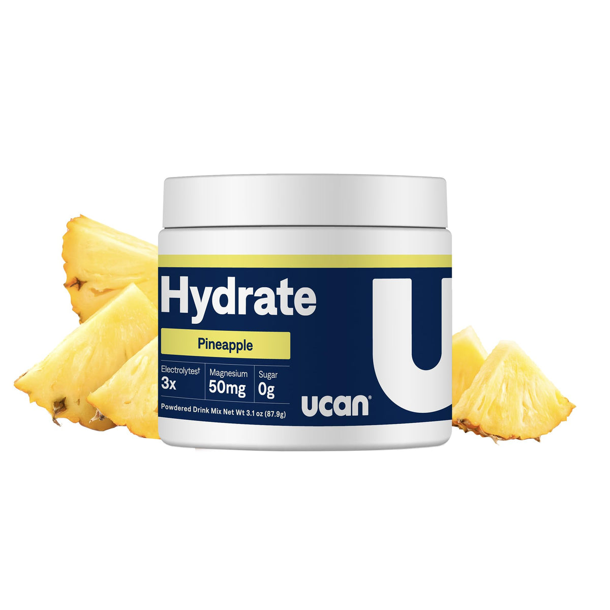 UCAN Hydrate pineapple powder tub ready for sugar-free hydration during workouts