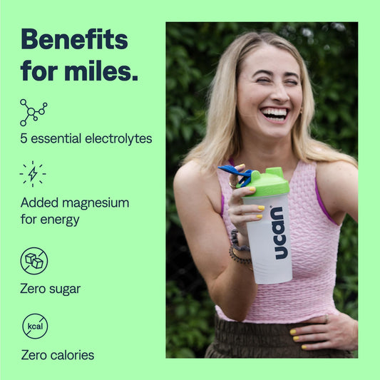 UCAN Hydrate Watermelon powder being poured into a glass for keto-friendly hydration.