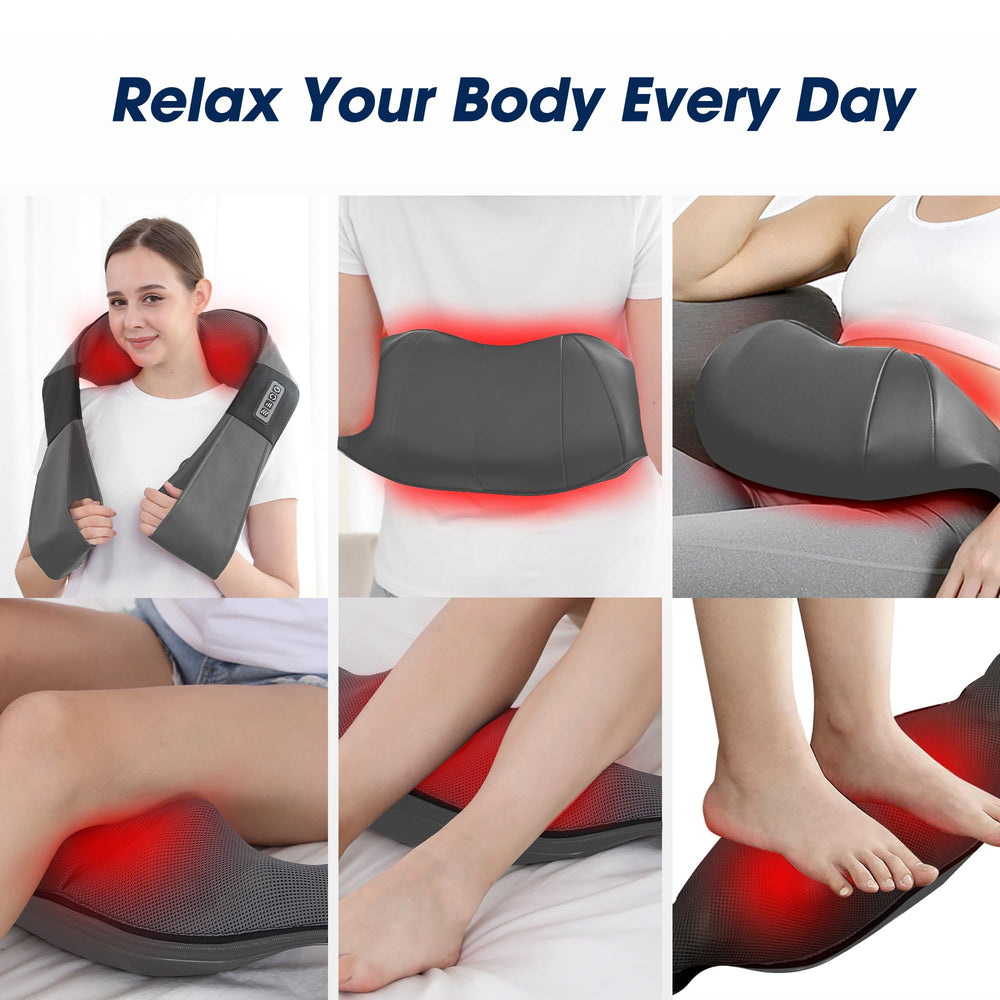 UFFAE Grey Shiatsu Massager shows three-speed settings and auto-reverse rotation.