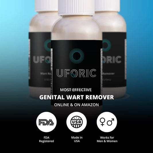 Uforic Genital Wart Remover packaging box highlighting USA-made GMP quality