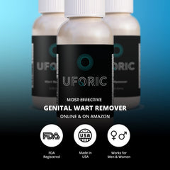 Uforic Genital Wart Remover packaging box highlighting USA-made GMP quality