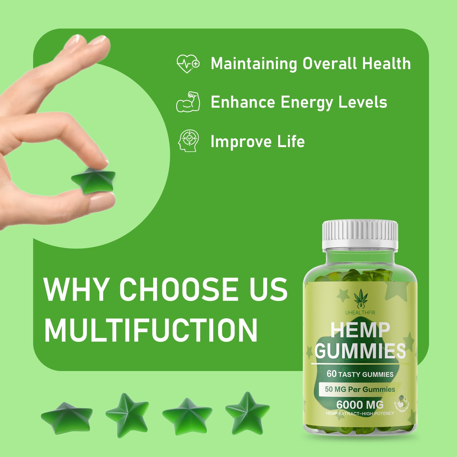 Hemp gummies with organic hemp oil ingredients in a transparent pack.