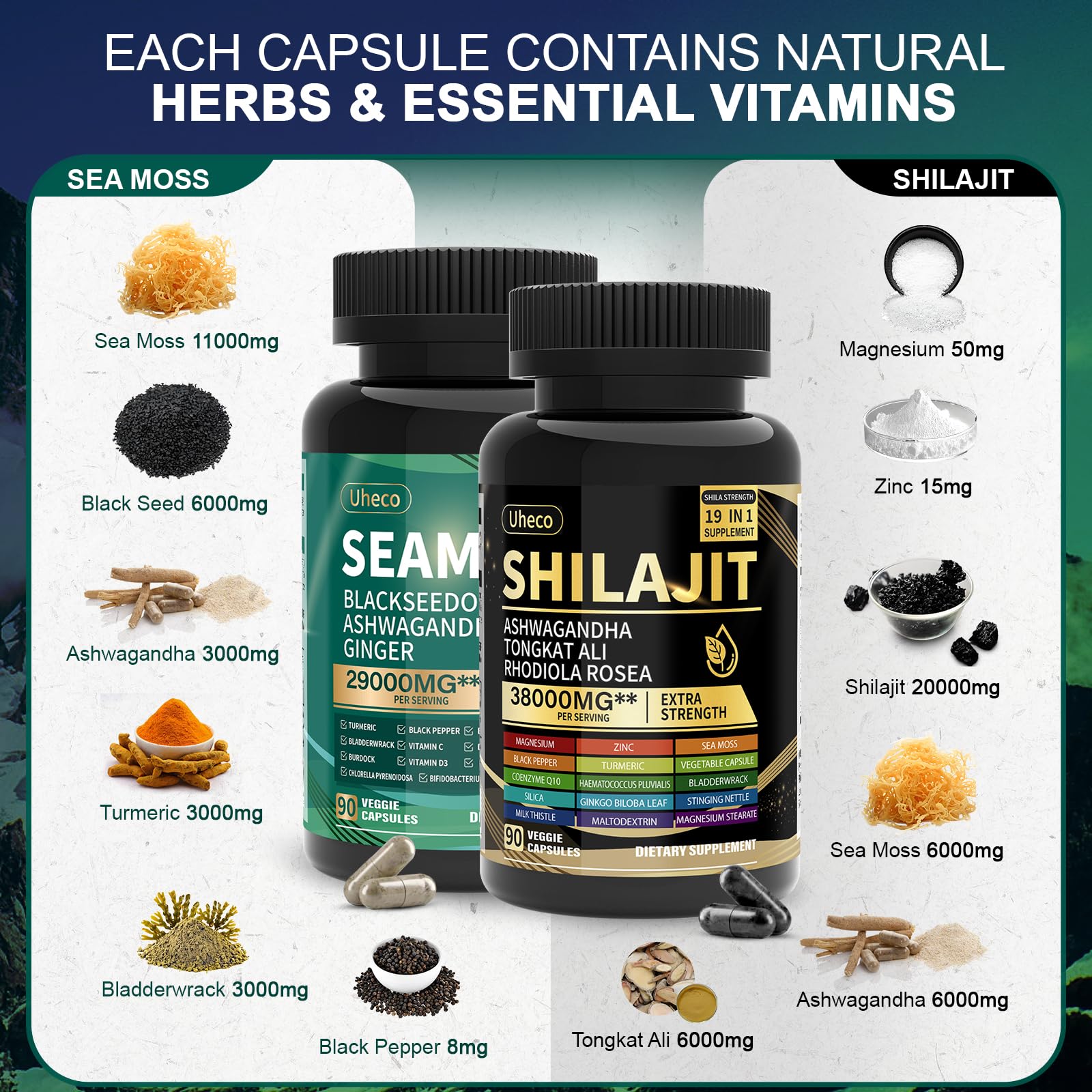 Uheco Shilajit 20000 mg capsules, rich in Himalayan minerals for daily energy