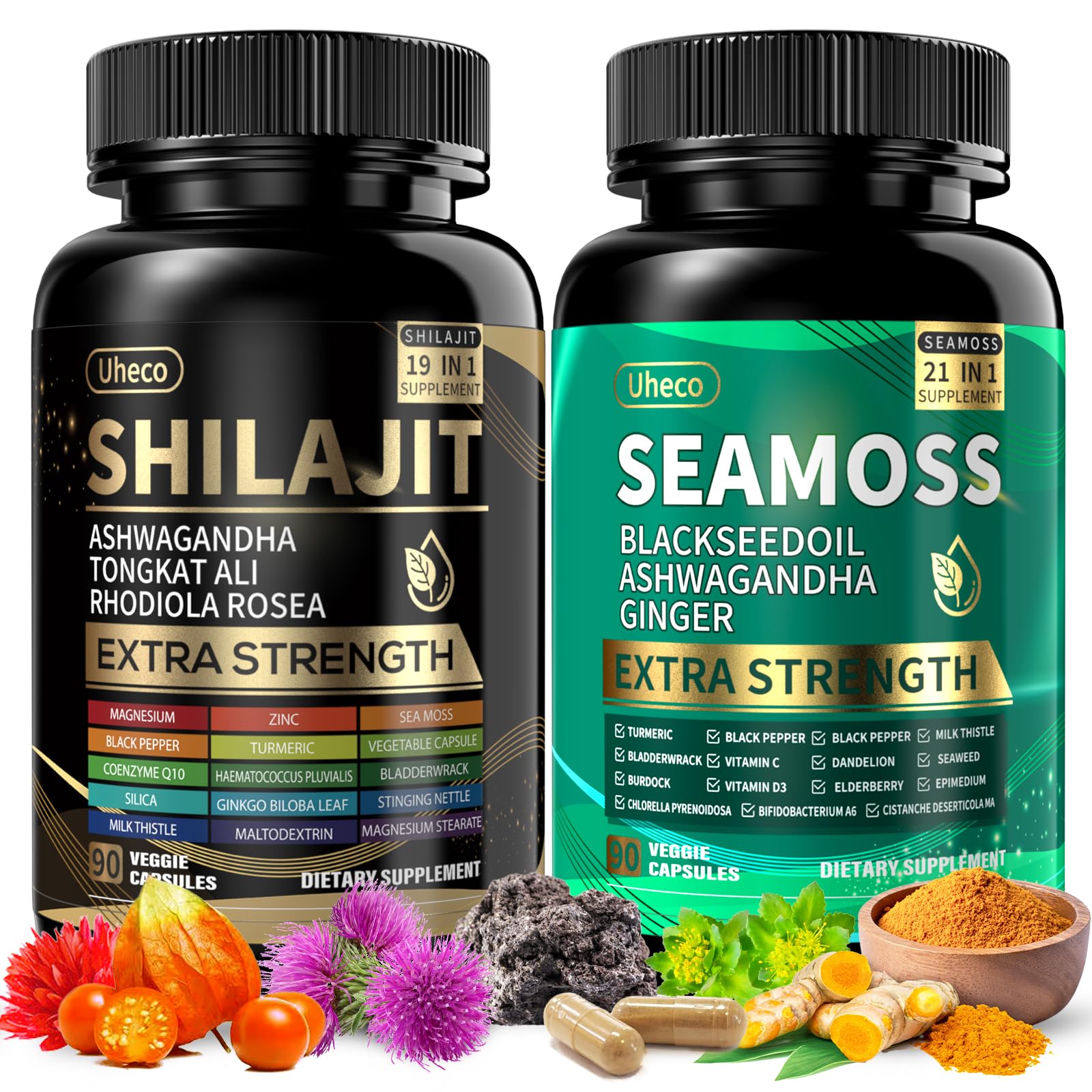 Uheco Shilajit and Sea Moss Vitality Bundle bottle front, highlighting a complete mineral blend
