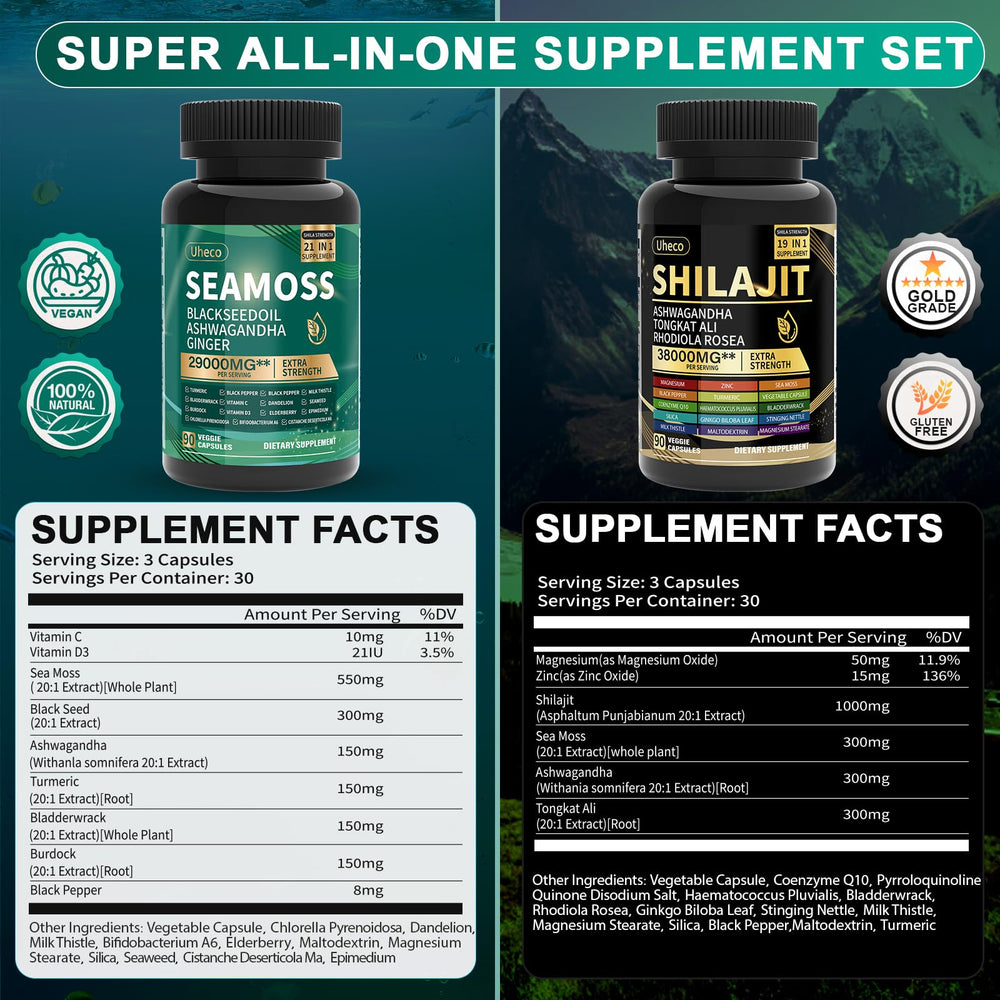 Close-up of Uheco Shilajit and Sea Moss capsules signaling convenient daily support