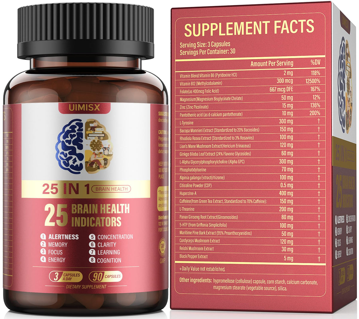 UIMISX Brain supplement bottle with capsules for focused daily performance.