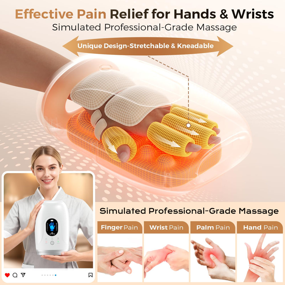 Uladis hand massager side view showing ergonomic wrap for all sizes.