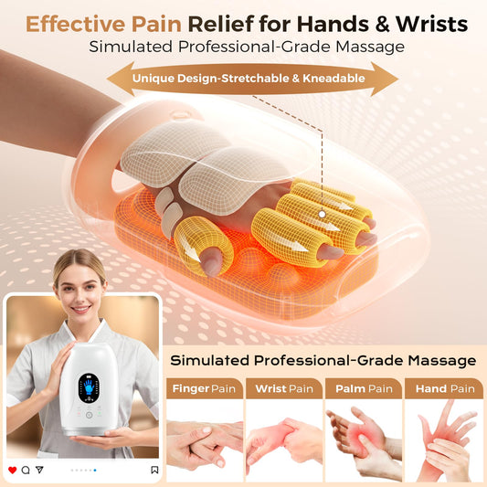 Uladis hand massager side view showing ergonomic wrap for all sizes.