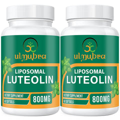 Ulmubra 800MG liposomal luteolin bottle on a clean countertop, premium antioxidant support.
