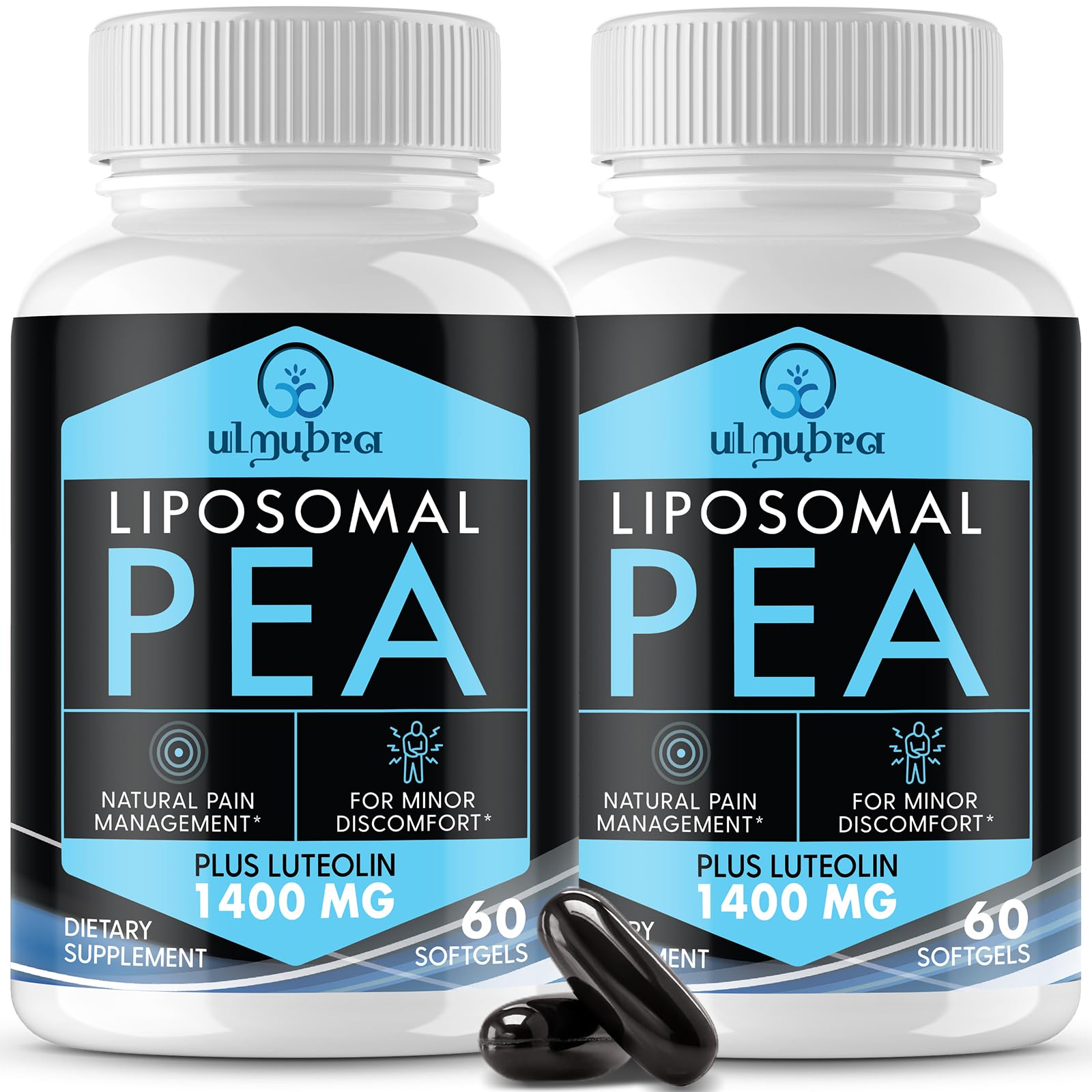 Ulmubra Liposomal PEA bottle with splash showing superior absorption potential.