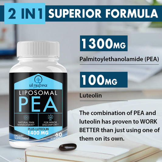 Ulmubra Liposomal PEA and luteolin duo close-up for dual-action formulation.