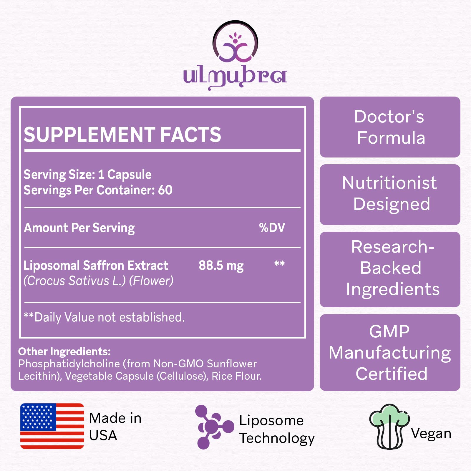 Closeup of Ulmubra liposomal saffron capsules showing vegan pills