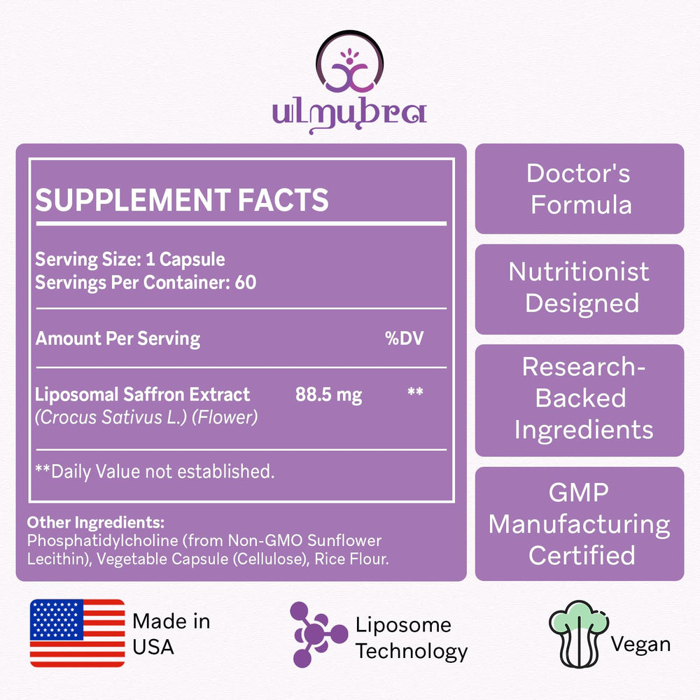 Closeup of Ulmubra liposomal saffron capsules showing vegan pills