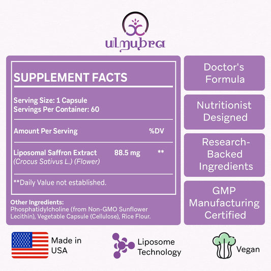 Closeup of Ulmubra liposomal saffron capsules showing vegan pills
