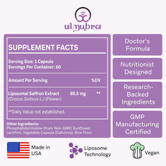 Closeup of Ulmubra liposomal saffron capsules showing vegan pills
