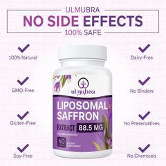 Closeup of Ulmubra liposomal saffron supplement bottle label emphasizing purity