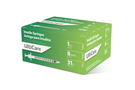 UltiCare U-100 insulin syringes with clear barrel markings for precise dosing.