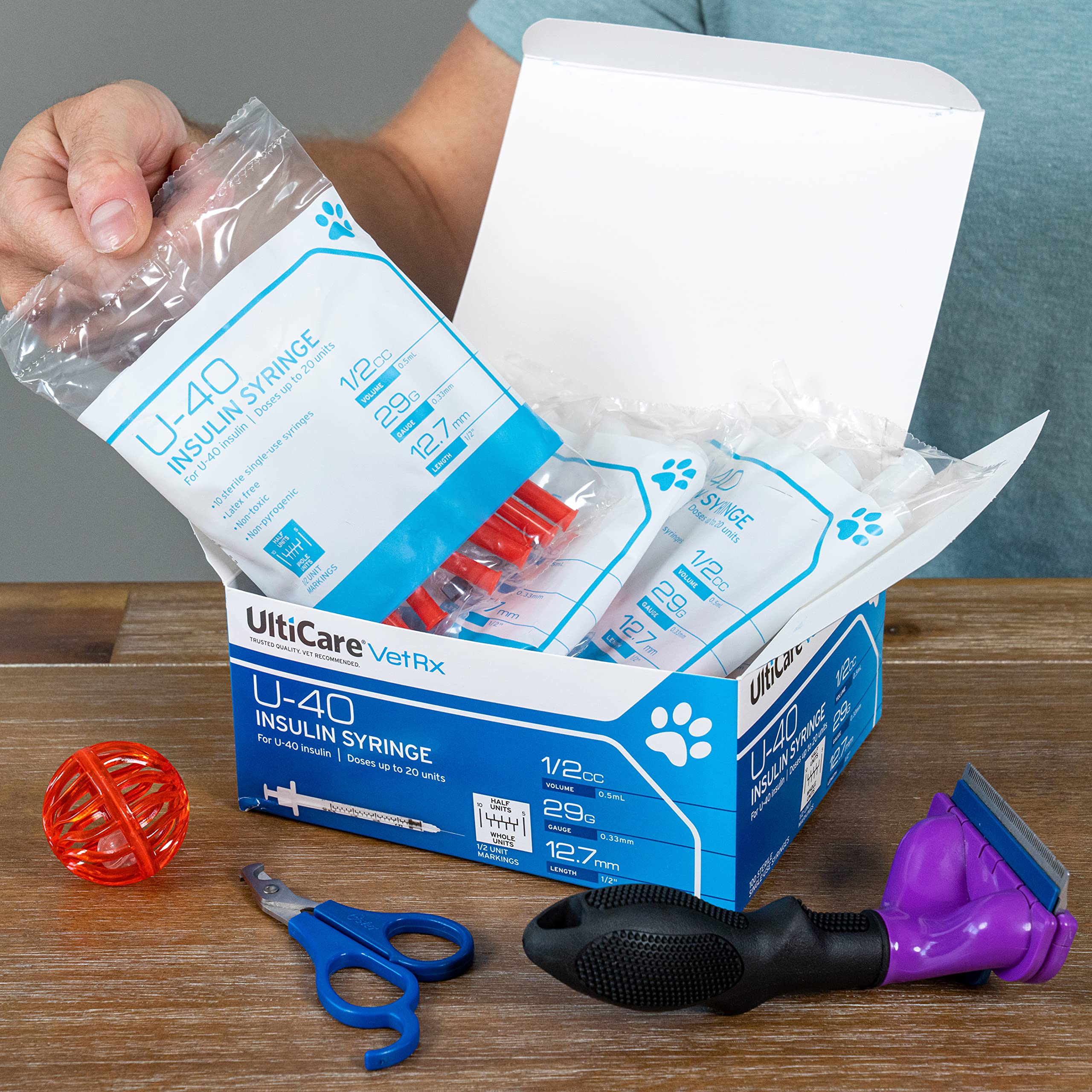 UltiCare VetRx U-40 syringe with micro-polished needle to reduce irritation.
