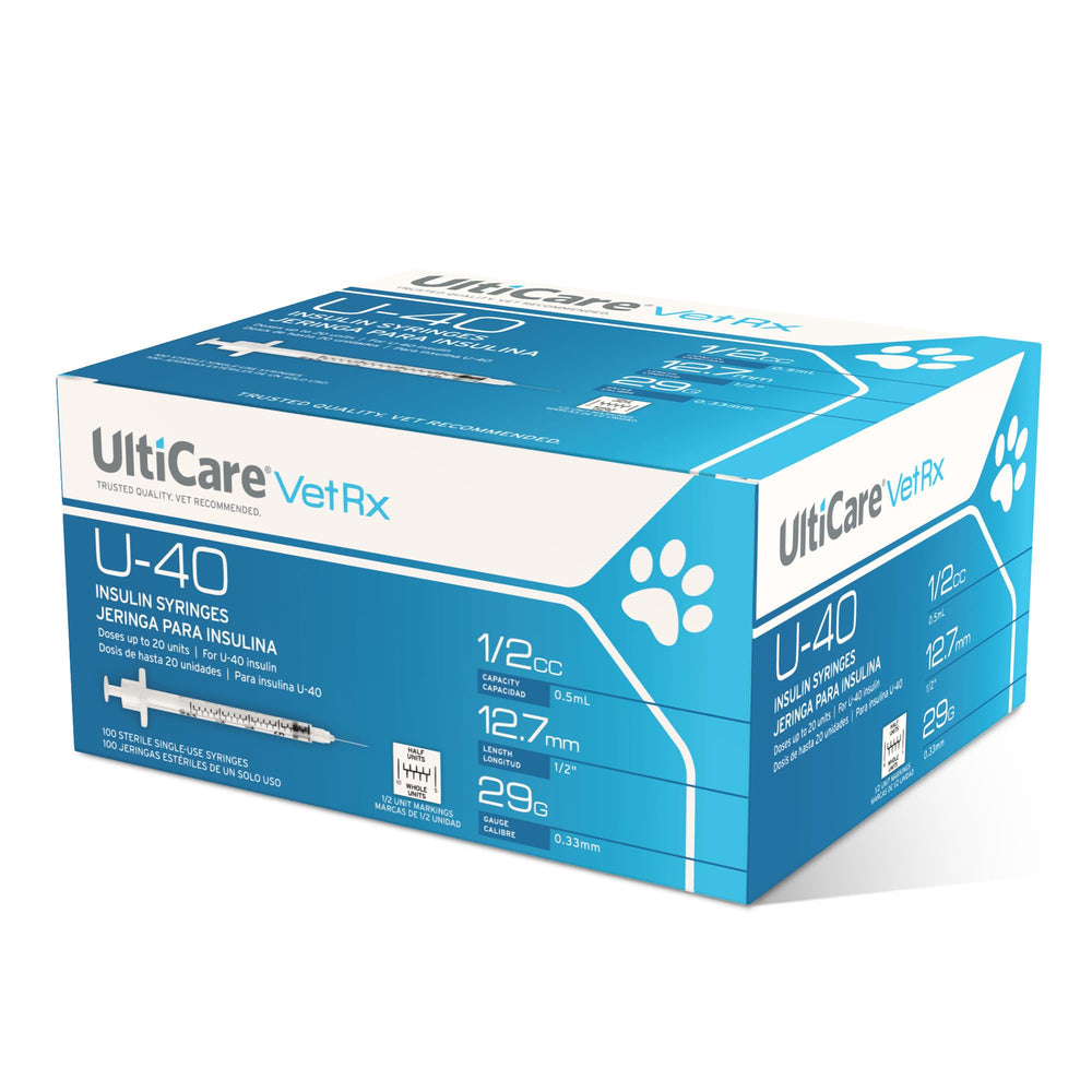 UltiCare VetRx U-40 syringe with half-unit markings for precise pet insulin dosing.