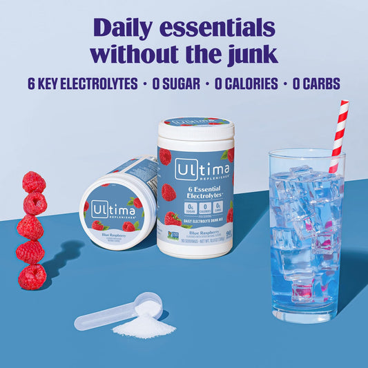 Pouring Ultima Replenisher blue raspberry powder into glass for refreshing hydration.