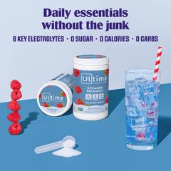 Pouring Ultima Replenisher blue raspberry powder into glass for refreshing hydration.