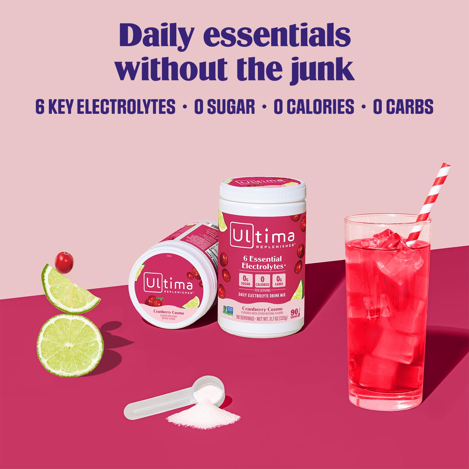 Ultima Replenisher Cranberry Cosmo canister showcases flavor-packed, sugar-free hydration.