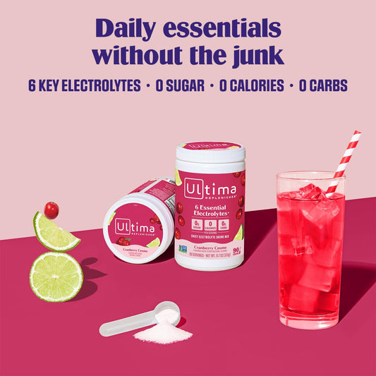 Ultima Replenisher Cranberry Cosmo canister showcases flavor-packed, sugar-free hydration.