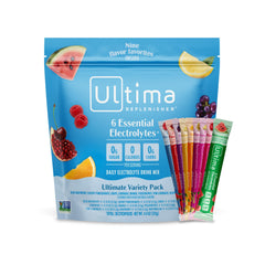 Ultima Replenisher daily electrolyte variety pack showing multiple stickpacks for on-the-go hydration
