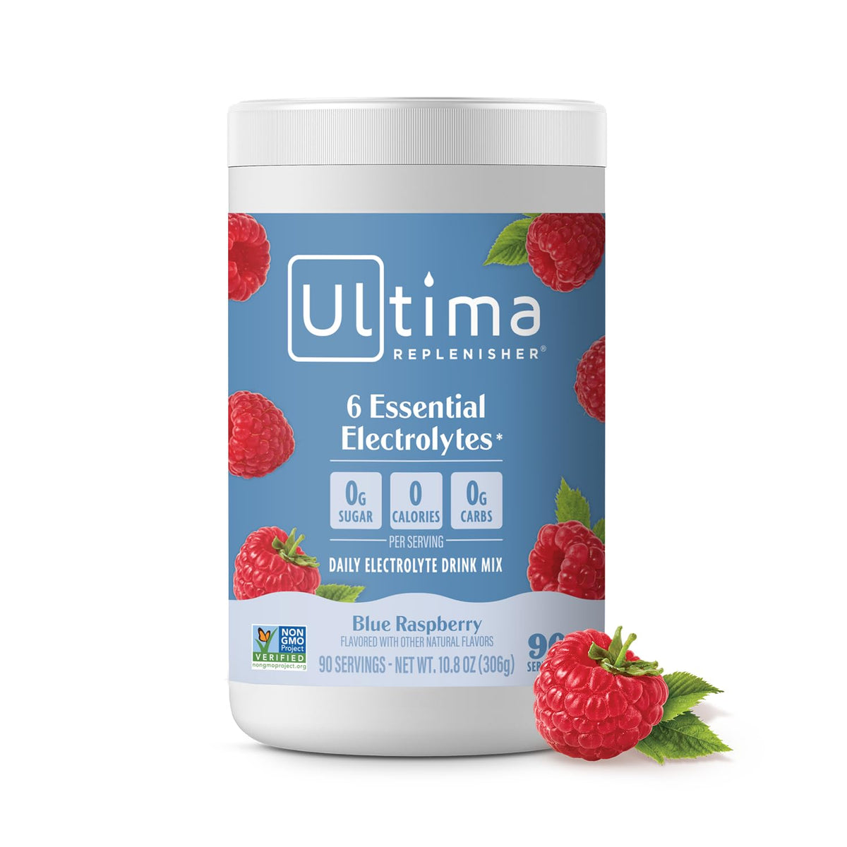Ultima Replenisher canister front view highlighting keto-friendly hydration with six electrolytes.