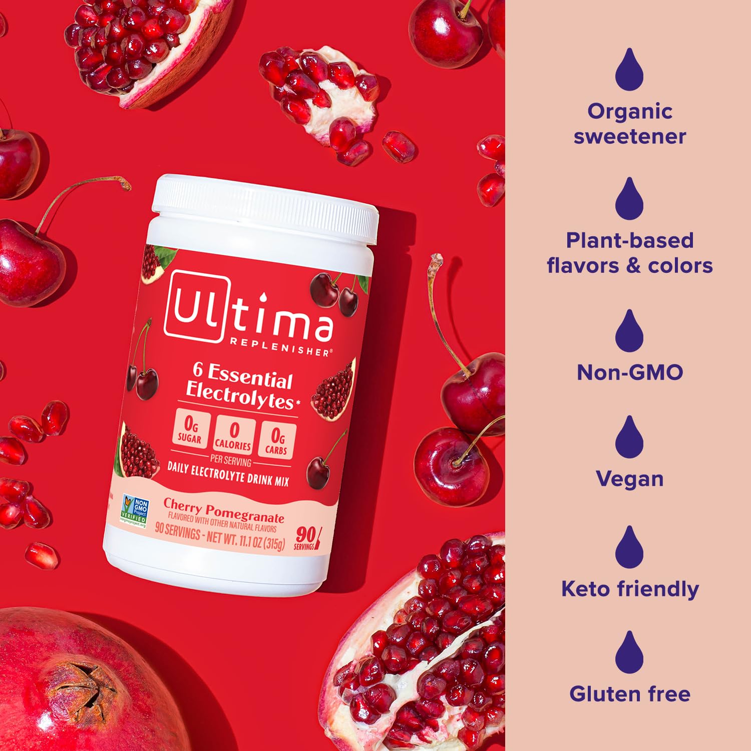 Close-up of Ultima Replenisher label highlighting real fruit flavors.