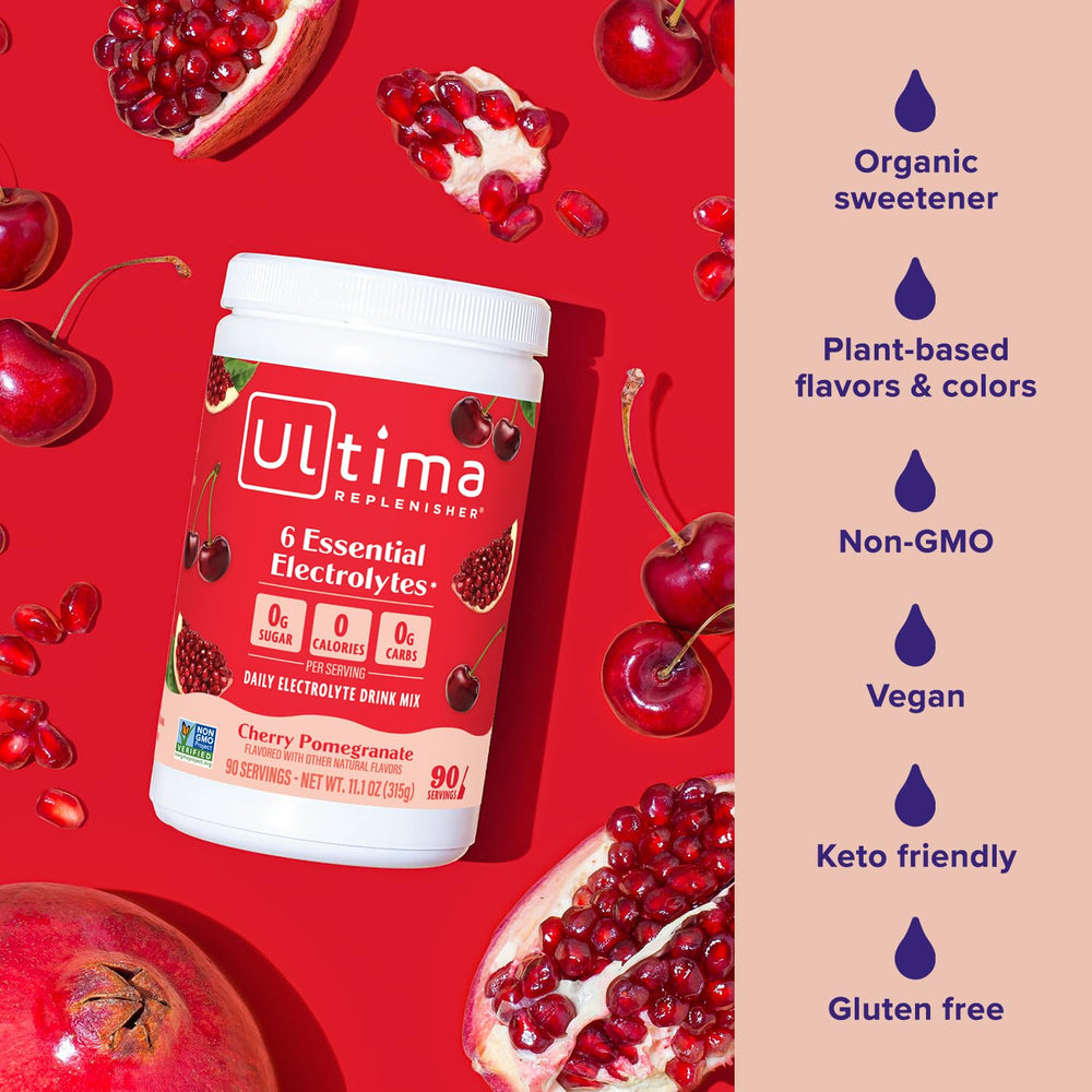Close-up of Ultima Replenisher label highlighting real fruit flavors.