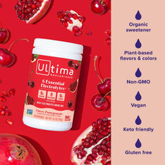 Close-up of Ultima Replenisher label highlighting real fruit flavors.