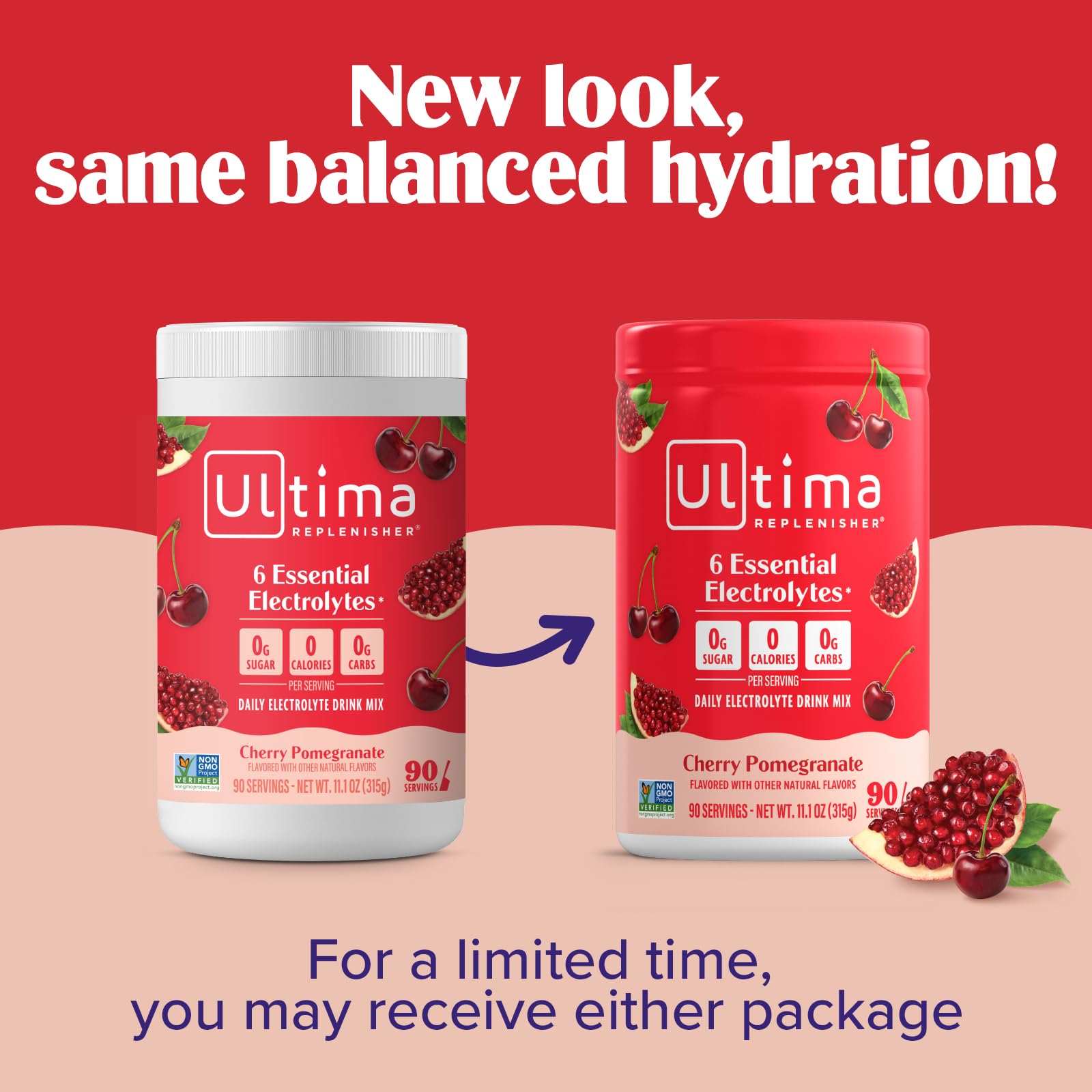 Glass with ice featuring Ultima Replenisher Cherry Pomegranate drink.